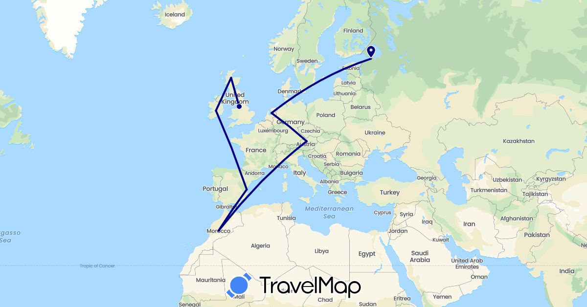 TravelMap itinerary: driving in Austria, Spain, United Kingdom, Ireland, Morocco, Netherlands, Russia (Africa, Europe)